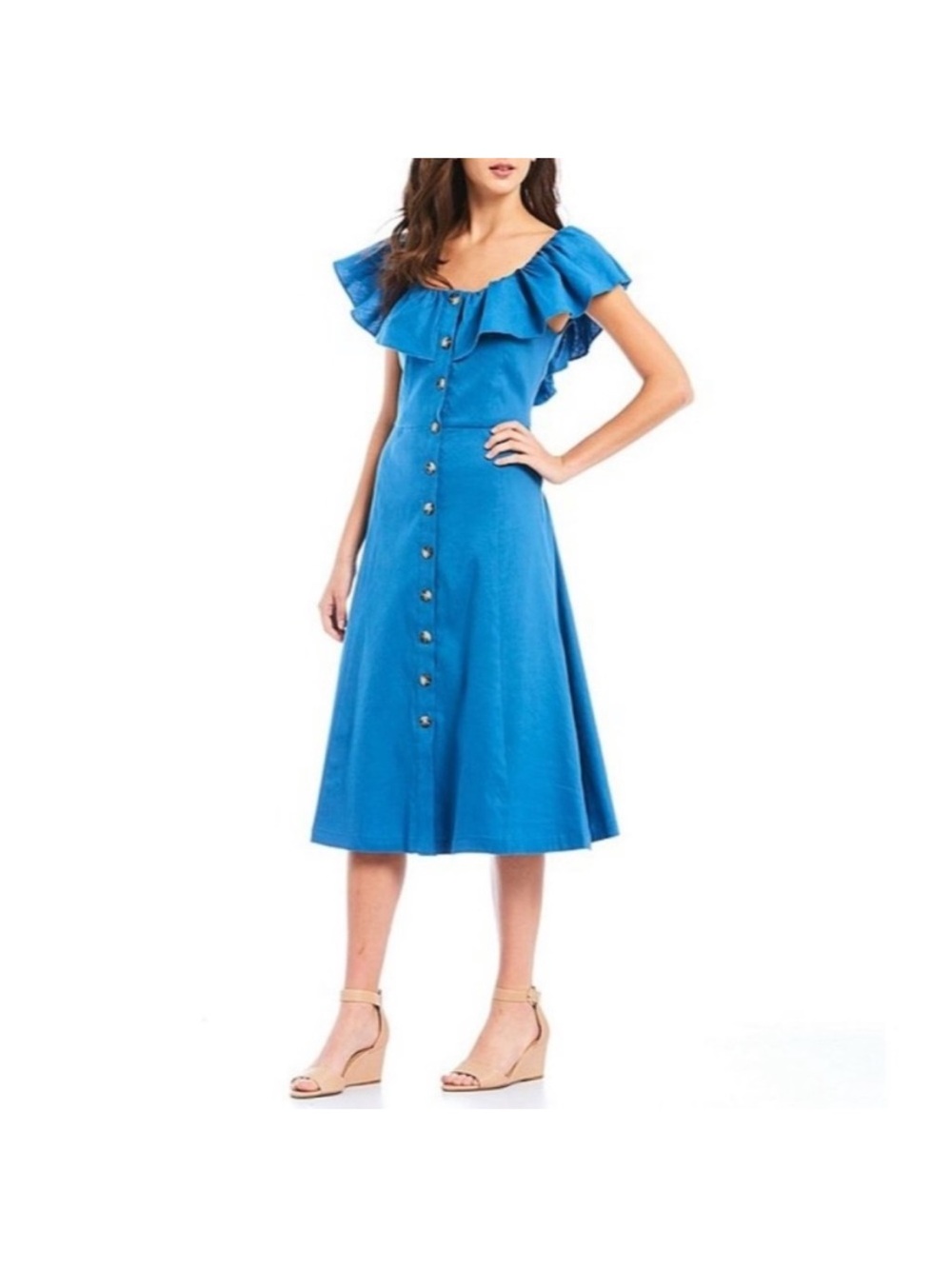 ANTONIO MELANI Cobalt Blue Ruffle-Trim Button-Front Midi Dress